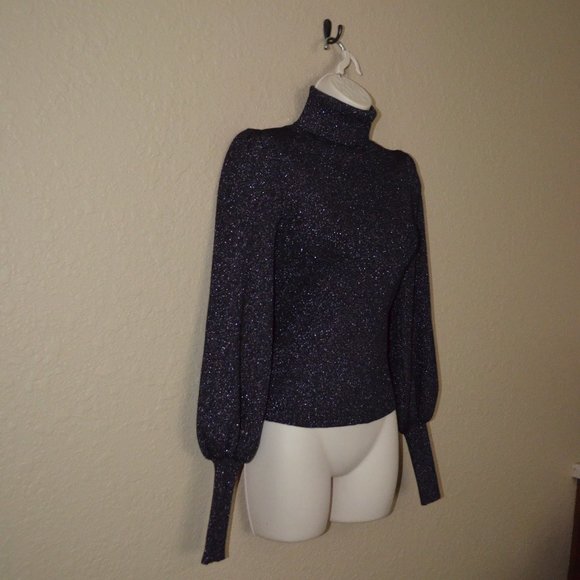 Sz XS A.L.C. Black Purple Metallic Shiny Puff Long Sleeve Turtleneck Sweater - Picture 6 of 8